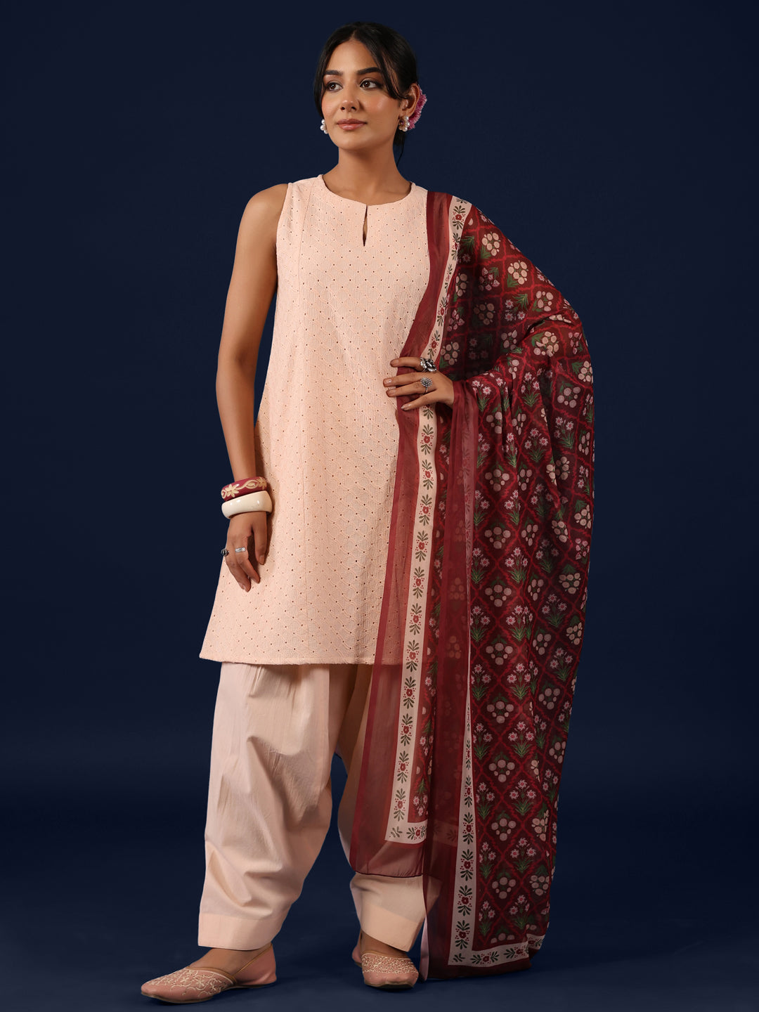 Women’s Sleeveless Cotton Kurta and Salwar with Dupatta