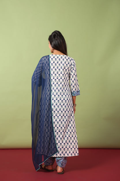 Women’s V-Neck Cotton Kurta Set With Chiffon Dupatta