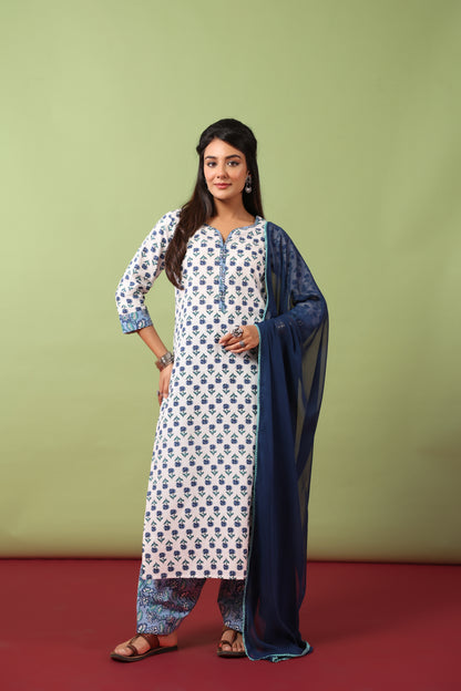 Women’s V-Neck Cotton Kurta Set With Chiffon Dupatta