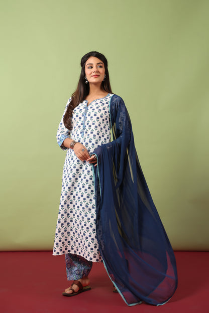 Women’s V-Neck Cotton Kurta Set With Chiffon Dupatta