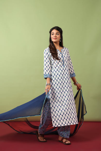 Women’s V-Neck Cotton Kurta Set With Chiffon Dupatta