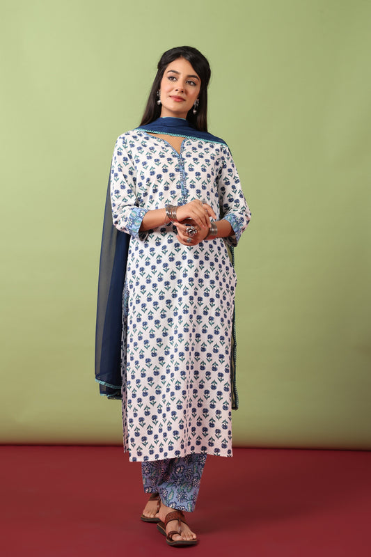 Women’s V-Neck Cotton Kurta Set With Chiffon Dupatta