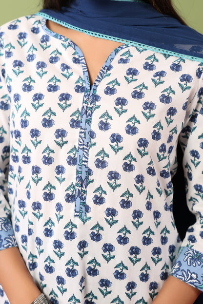 Women’s V-Neck Cotton Kurta Set With Chiffon Dupatta