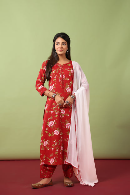 Women’s V-Neck Cotton Kurta Set With Chiffon Dupatta