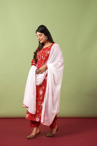 Women’s V-Neck Cotton Kurta Set With Chiffon Dupatta