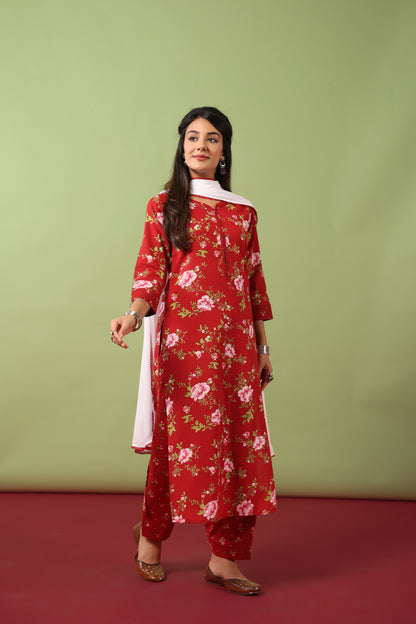 Women’s V-Neck Cotton Kurta Set With Chiffon Dupatta