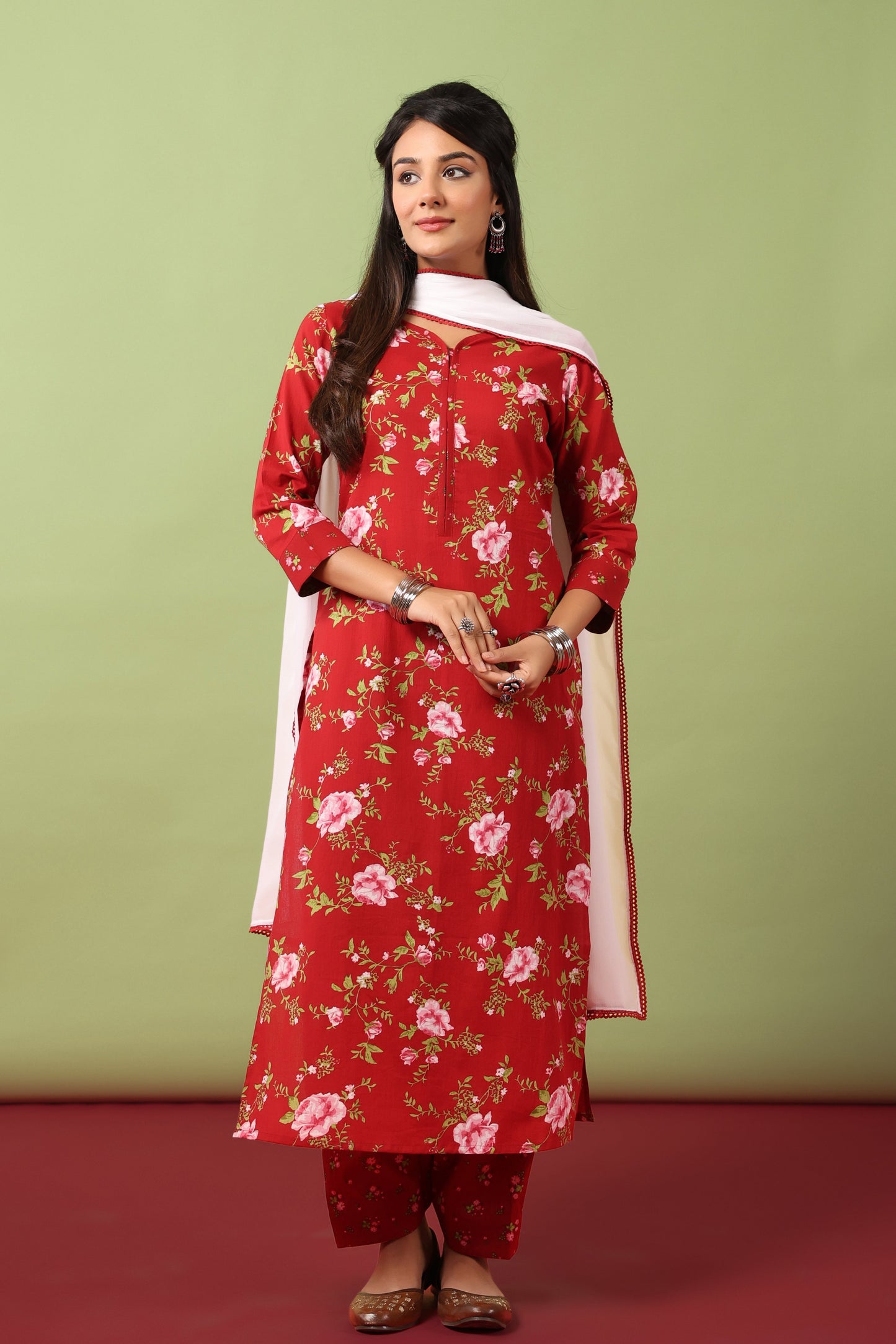 Women’s V-Neck Cotton Kurta Set With Chiffon Dupatta