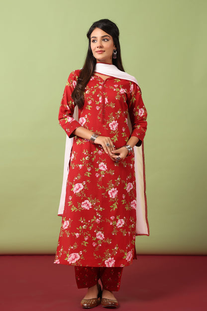 Women’s V-Neck Cotton Kurta Set With Chiffon Dupatta