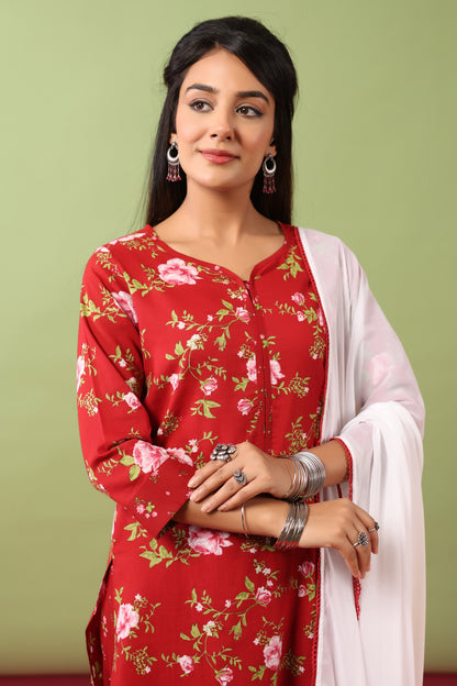 Women’s V-Neck Cotton Kurta Set With Chiffon Dupatta
