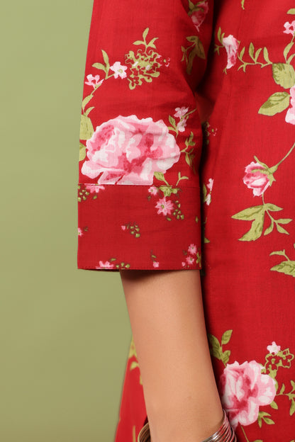 Women’s V-Neck Cotton Kurta Set With Chiffon Dupatta