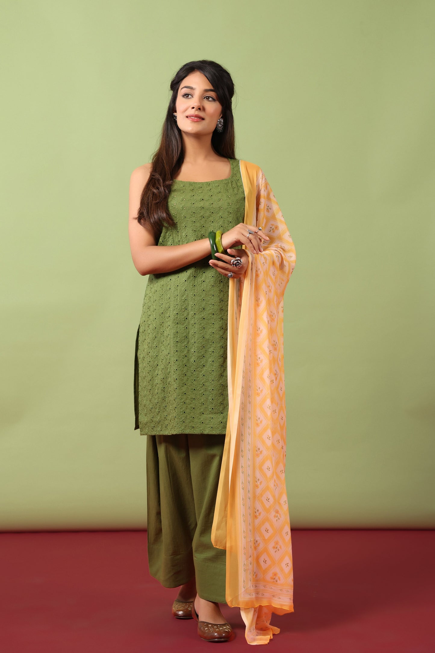 Women’s Sleeveless Cotton Kurta and Farshi Salwar with Dupatta