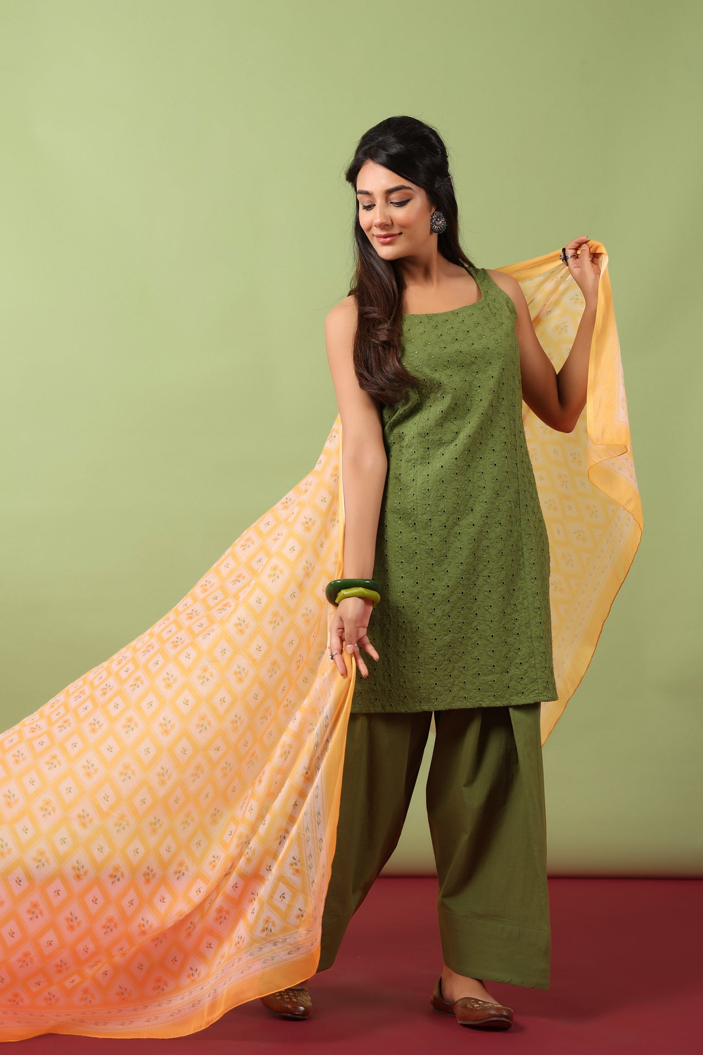 Women’s Sleeveless Cotton Kurta and Farshi Salwar with Dupatta