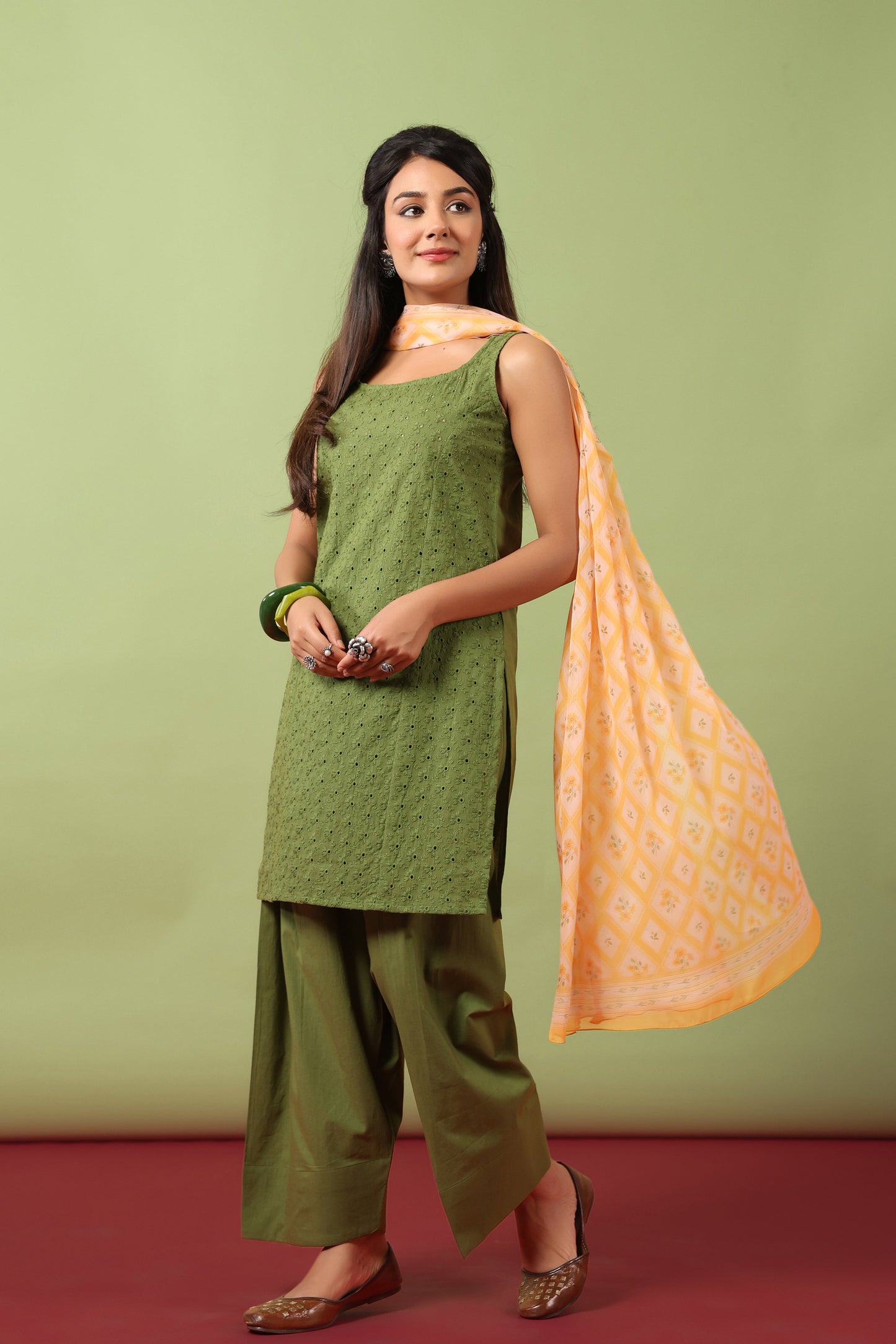 Women’s Sleeveless Cotton Kurta and Farshi Salwar with Dupatta