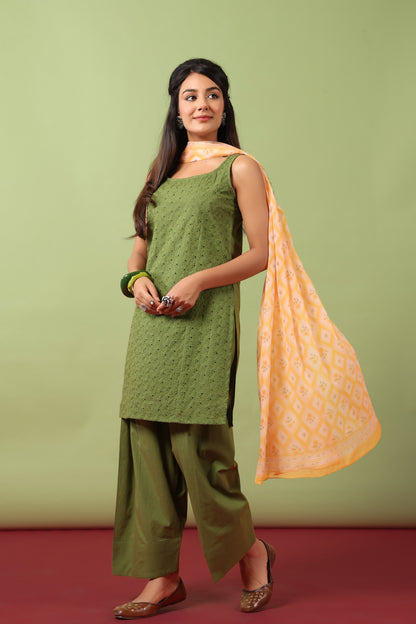 Women’s Sleeveless Cotton Kurta and Farshi Salwar with Dupatta