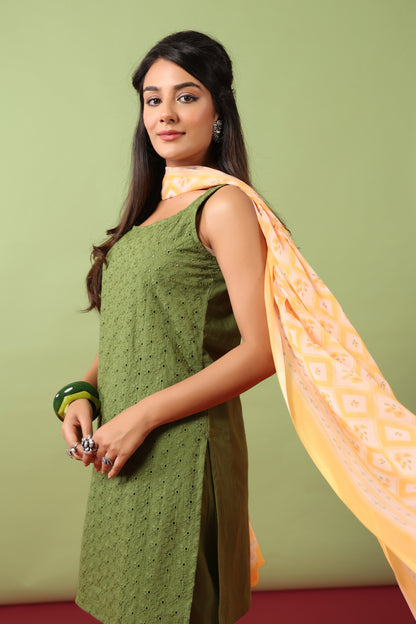 Women’s Sleeveless Cotton Kurta and Farshi Salwar with Dupatta
