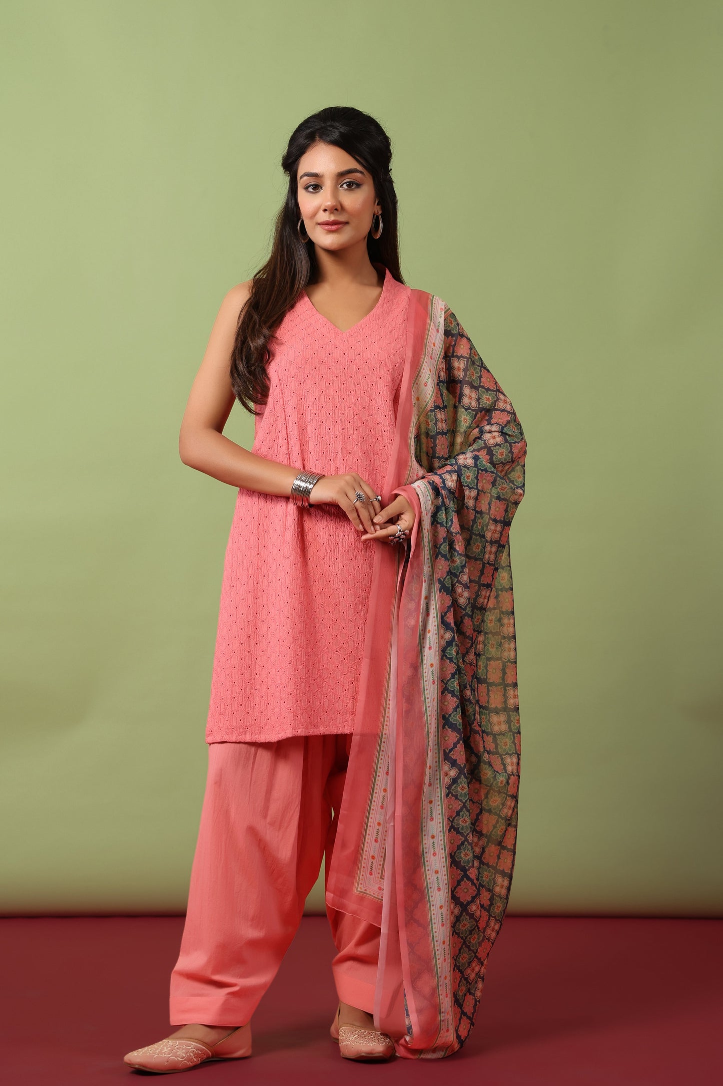 Women’s Sleeveless Cotton Kurta and Salwar with Dupatta