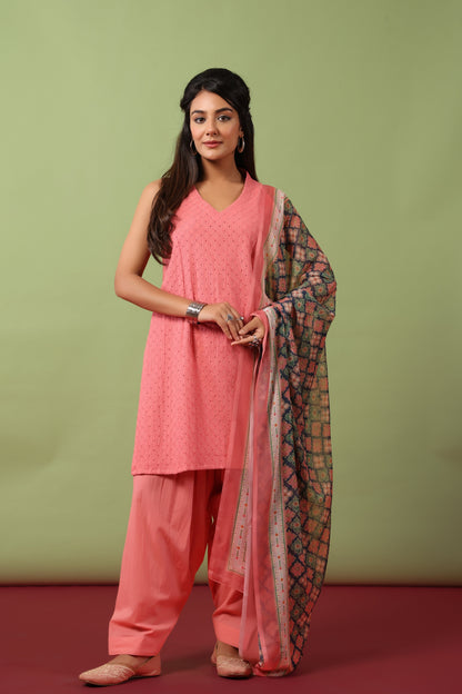 Women’s Sleeveless Cotton Kurta and Salwar with Dupatta
