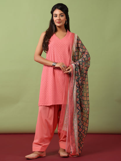 Women’s Sleeveless Cotton Kurta and Salwar with Dupatta