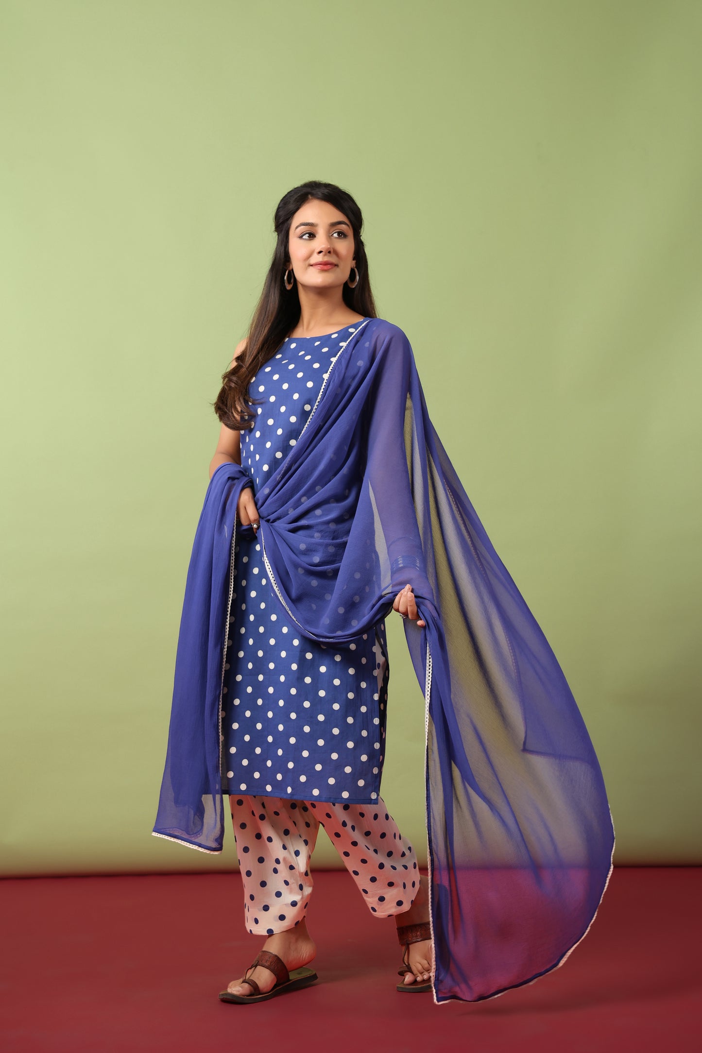 Women’s Boat Neck Cotton Kurta Set with Chiffon Dupatta