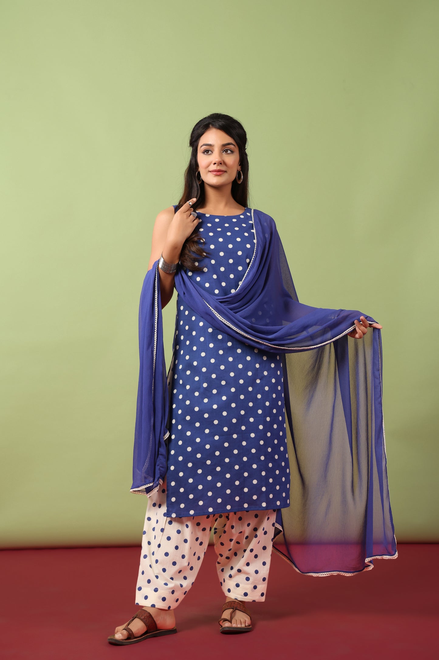 Women’s Boat Neck Cotton Kurta Set with Chiffon Dupatta