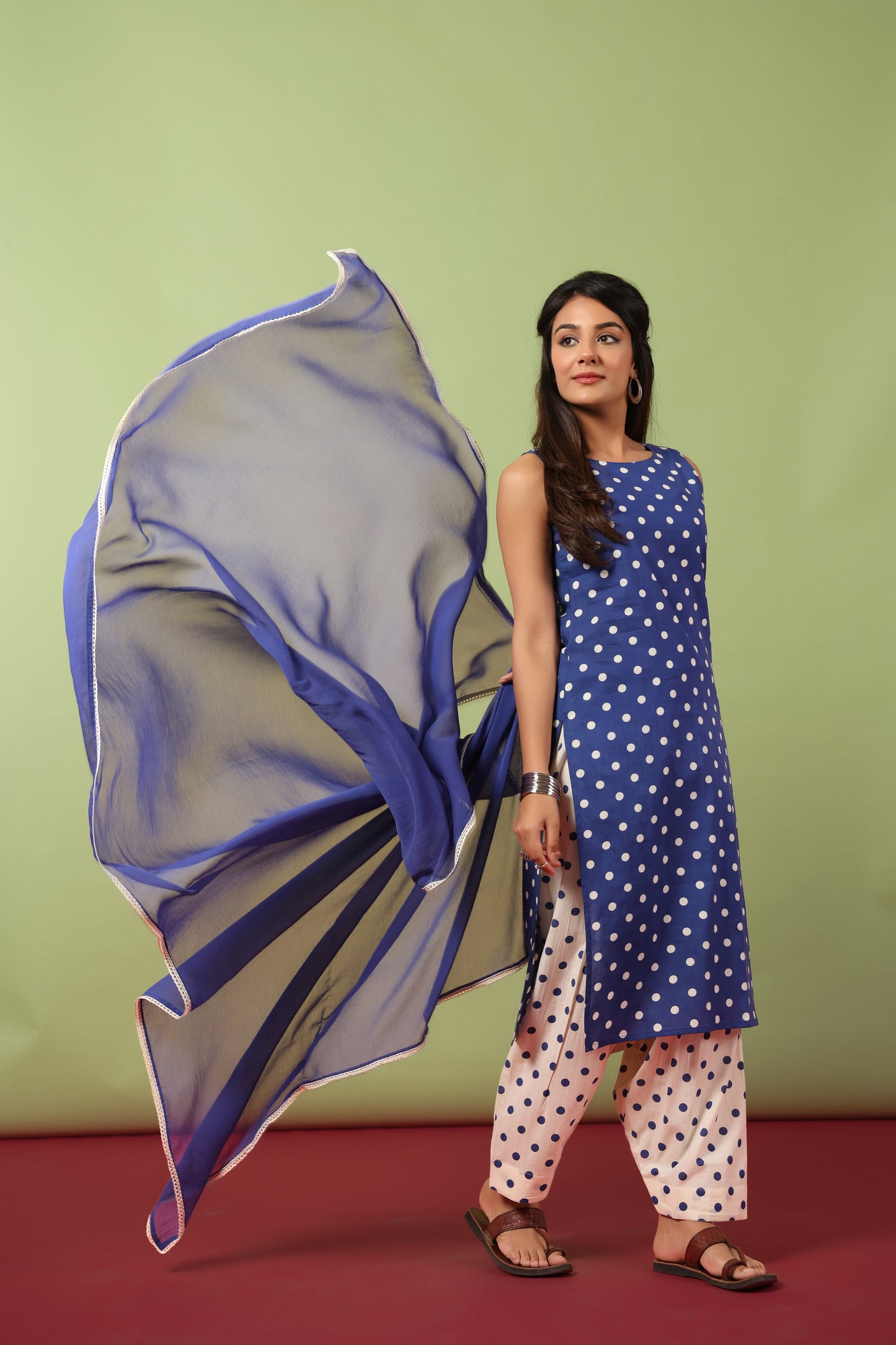 Women’s Boat Neck Cotton Kurta Set with Chiffon Dupatta