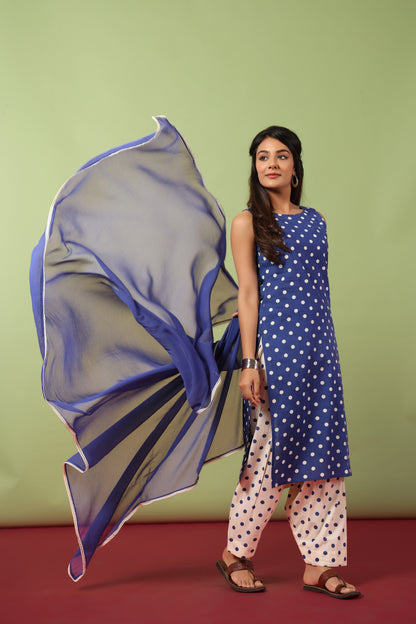 Women’s Boat Neck Cotton Kurta Set with Chiffon Dupatta