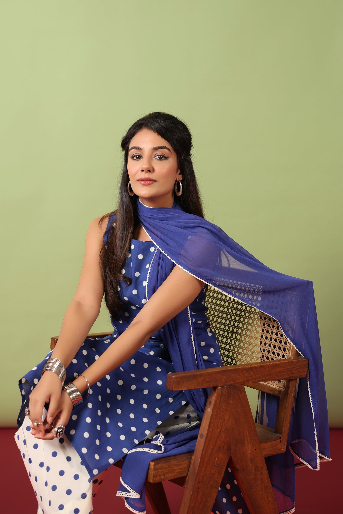Women’s Boat Neck Cotton Kurta Set with Chiffon Dupatta