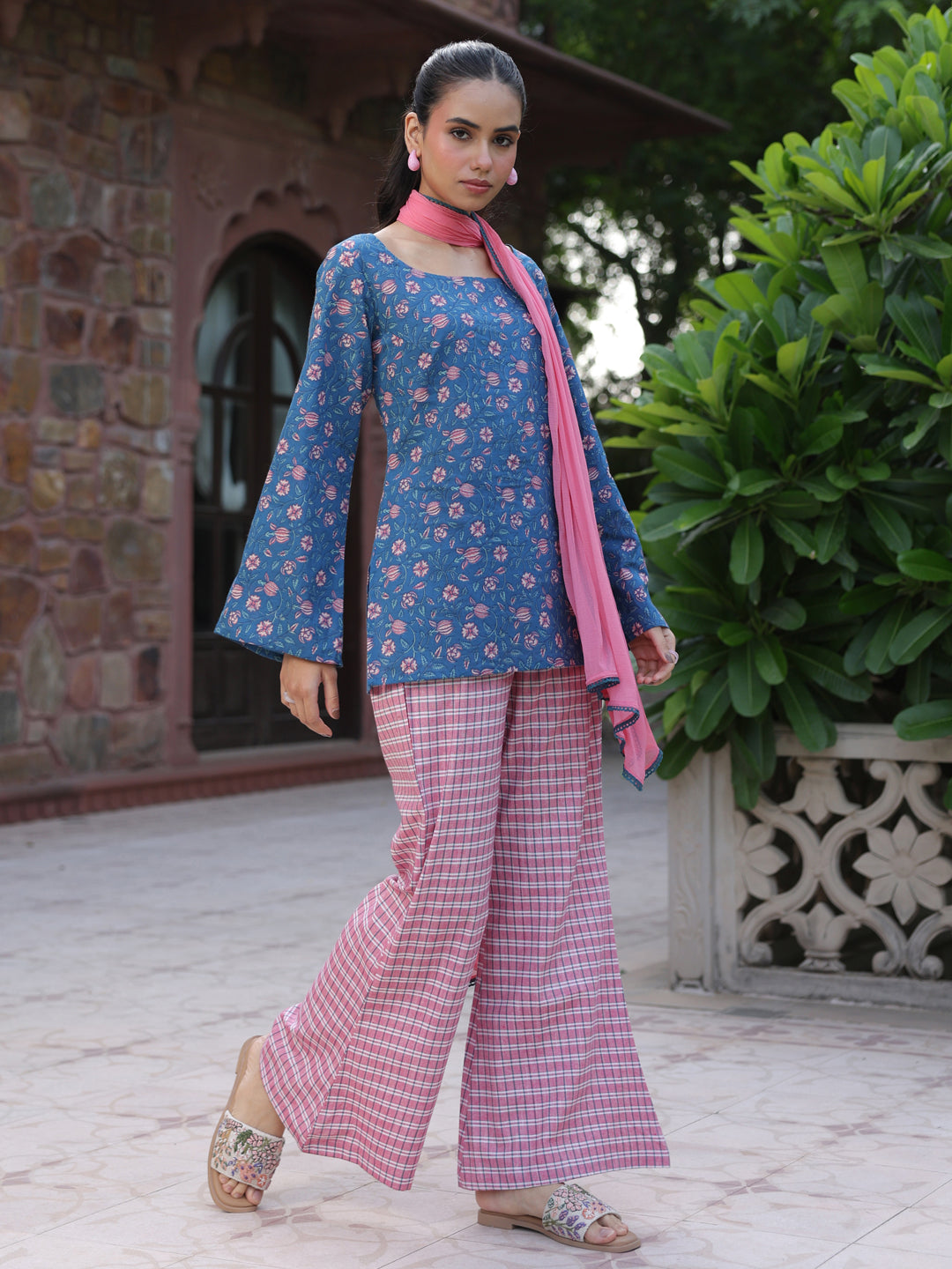 Women's Cotton Short Kurti With Flared Pants and Dupatta