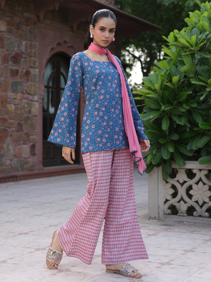 Women's Cotton Short Kurti With Flared Pants and Dupatta