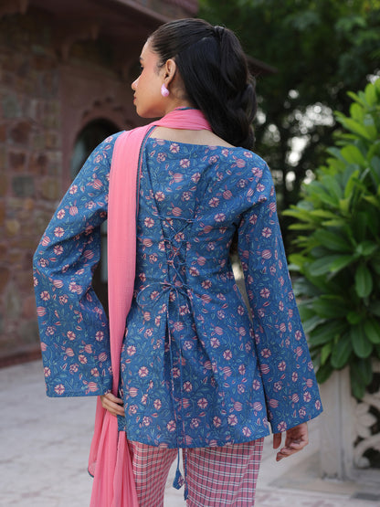 Women's Cotton Short Kurti With Flared Pants and Dupatta