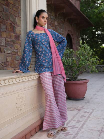 Women's Cotton Short Kurti With Flared Pants and Dupatta