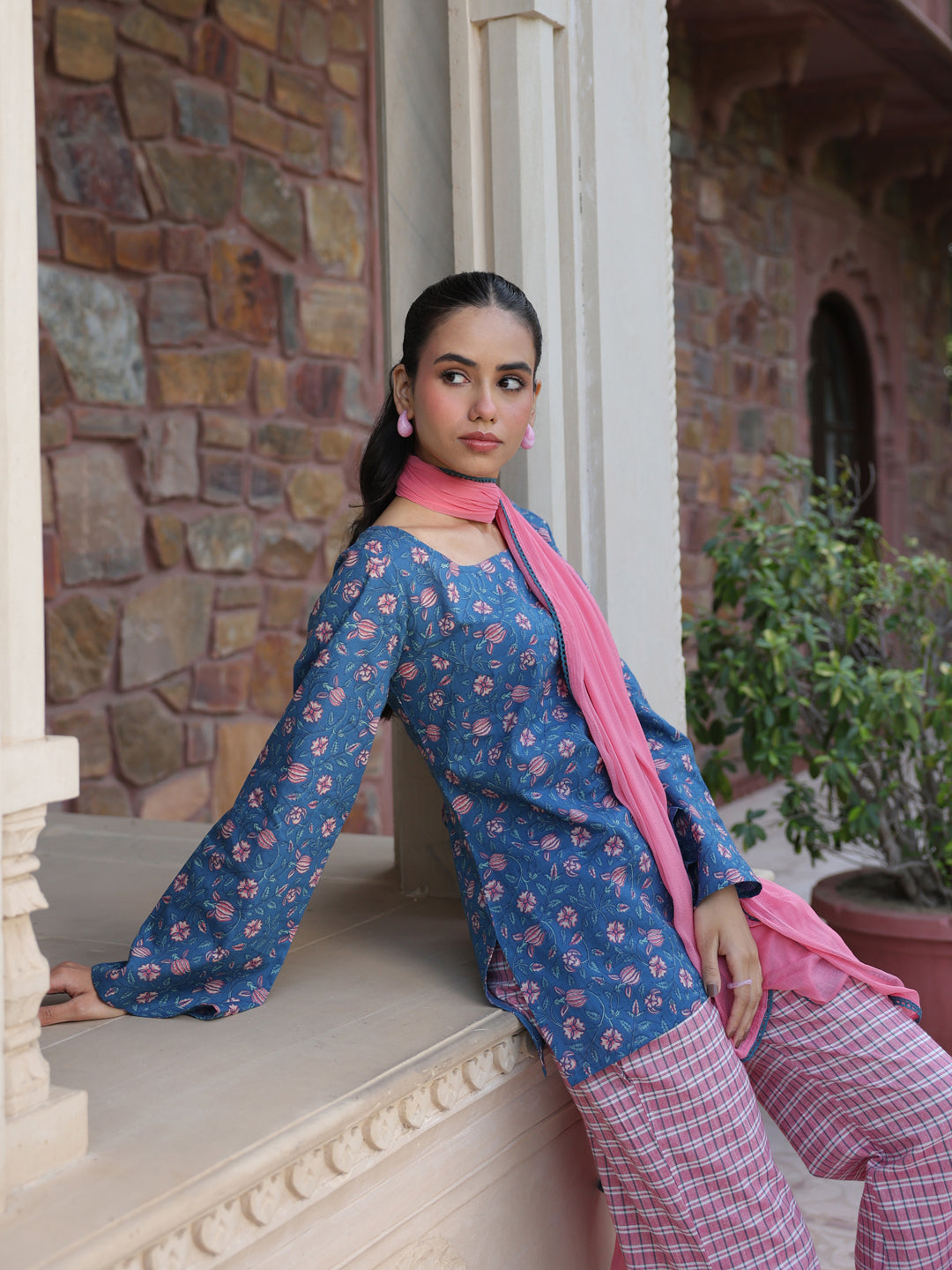 Women's Cotton Short Kurti With Flared Pants and Dupatta