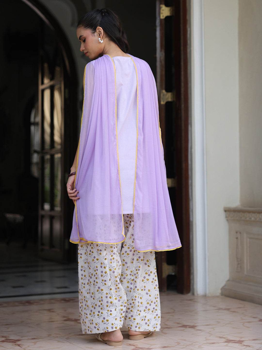 Women’s Checkered Embroidered Kurta and Farshi Salwar with Dupatta