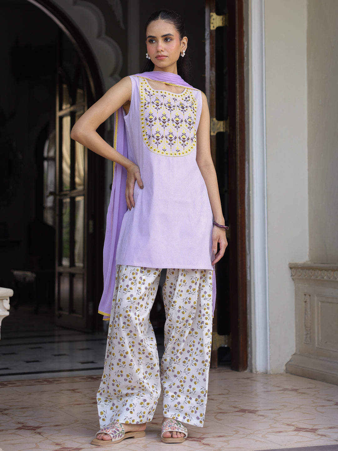 Women’s Checkered Embroidered Kurta and Farshi Salwar with Dupatta