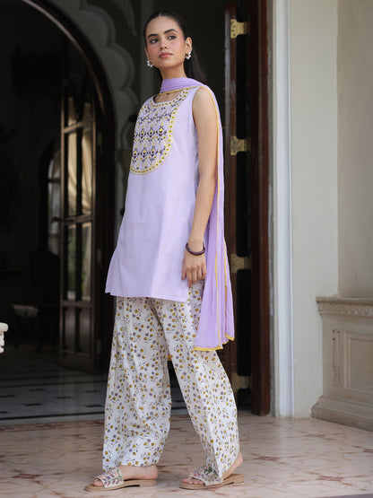 Women’s Checkered Embroidered Kurta and Farshi Salwar with Dupatta