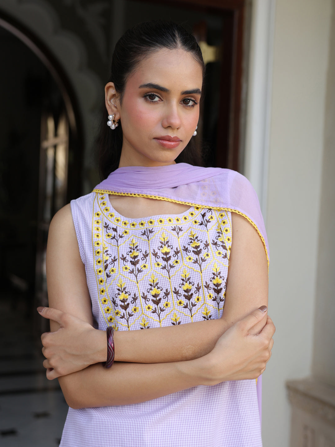 Women’s Checkered Embroidered Kurta and Farshi Salwar with Dupatta