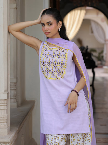 Women’s Checkered Embroidered Kurta and Farshi Salwar with Dupatta