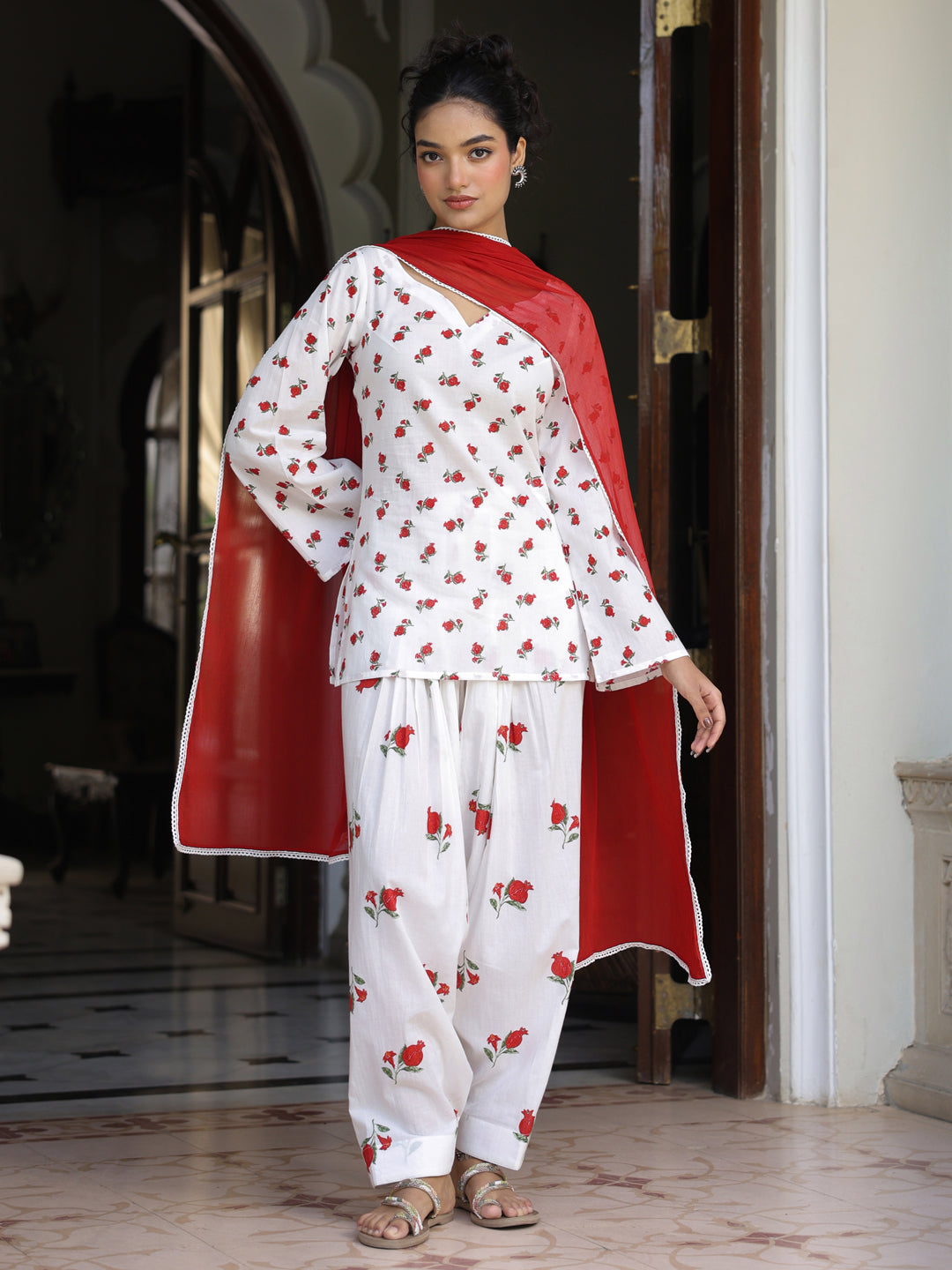 Women's Cotton Printed Farshi Kurta Set With Dupatta