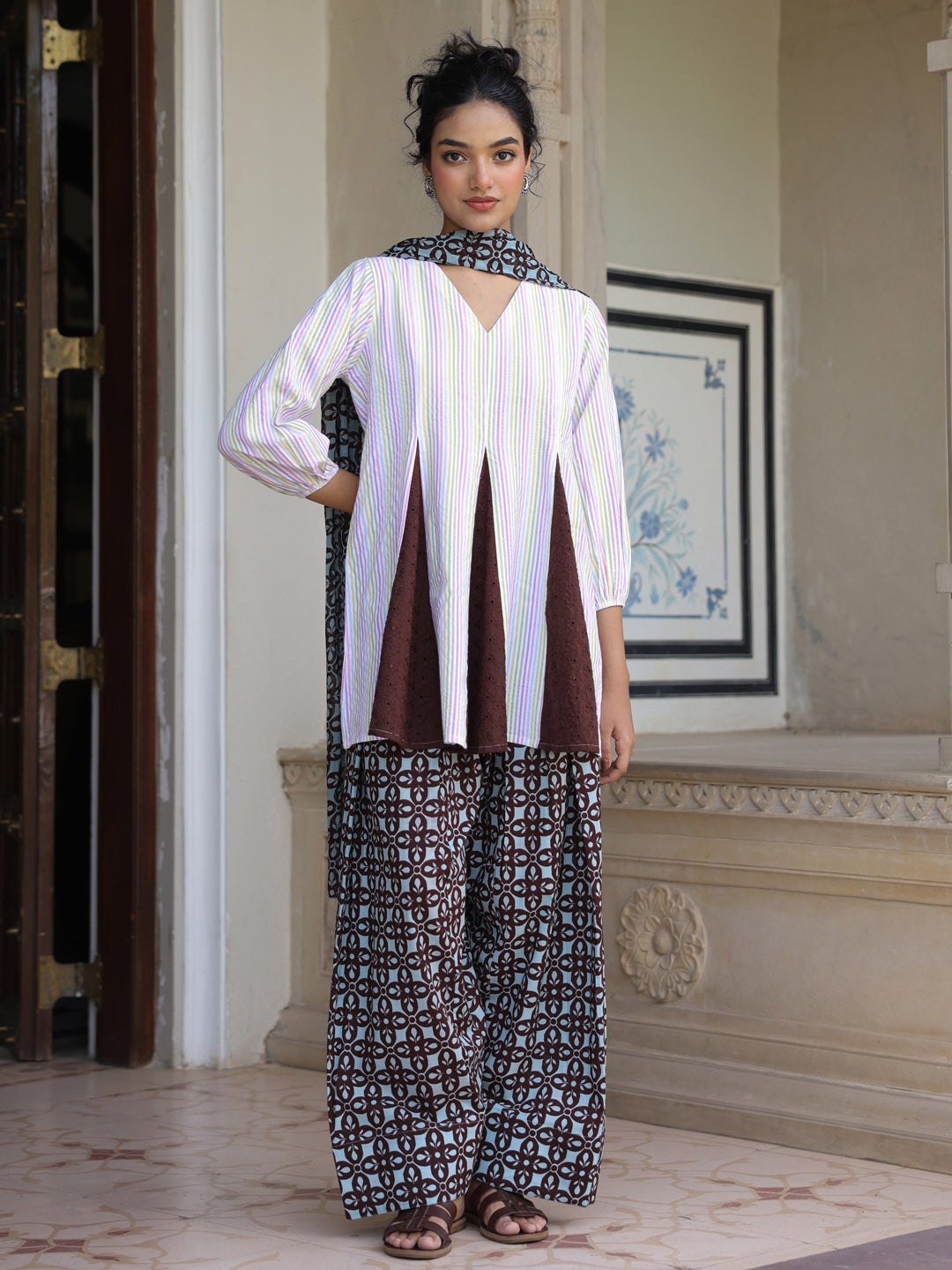 Women’s Cotton Striped Flared Kurta and Farshi with Dupatta