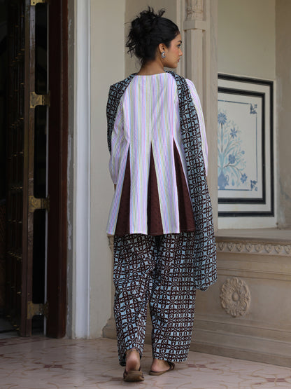Women’s Cotton Striped Flared Kurta and Farshi with Dupatta