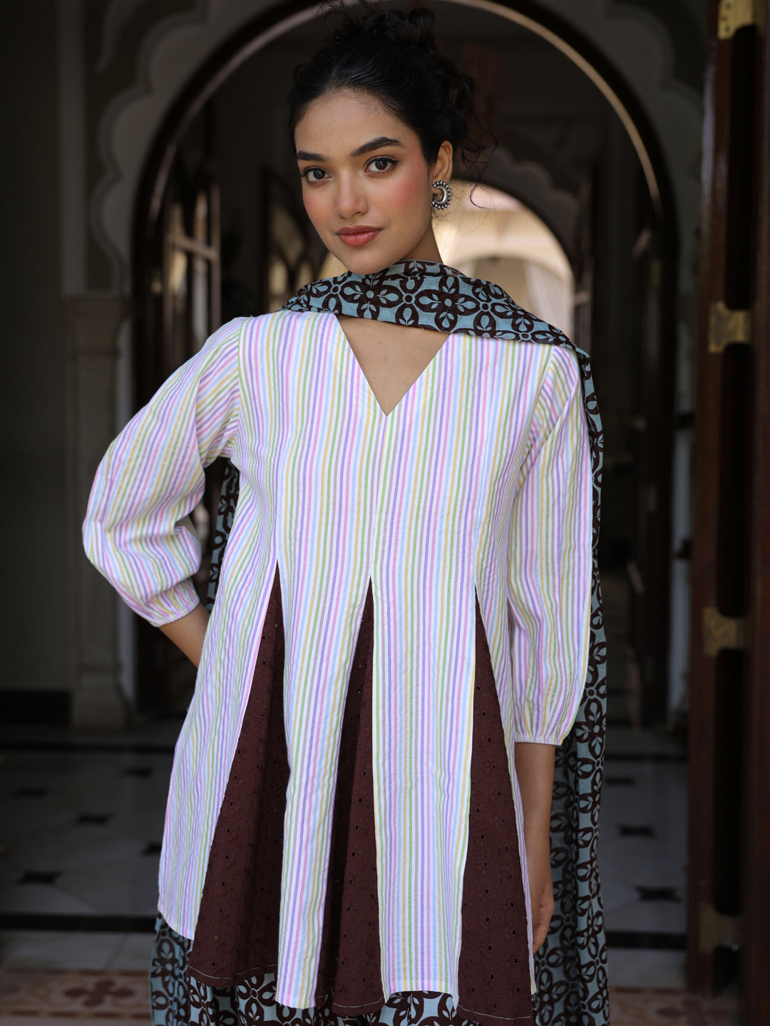 Women’s Cotton Striped Flared Kurta and Farshi with Dupatta