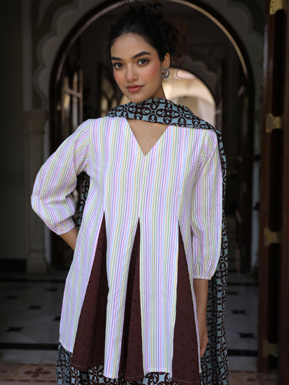 Women’s Cotton Striped Flared Kurta and Farshi with Dupatta