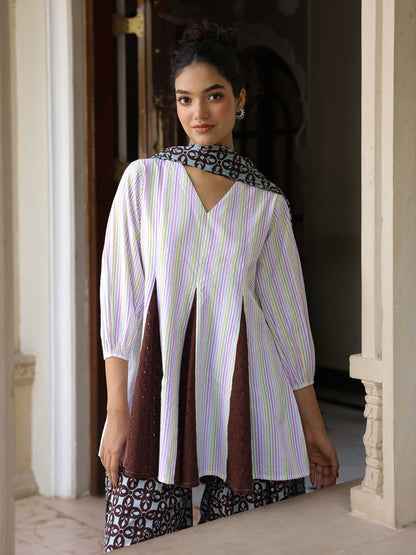 Women’s Cotton Striped Flared Kurta and Farshi with Dupatta