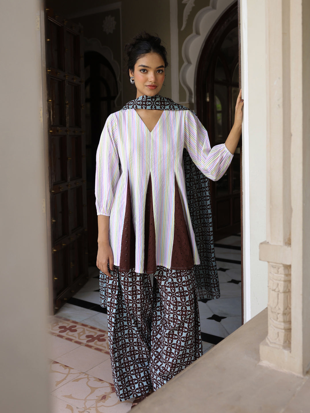 Women’s Cotton Striped Flared Kurta and Farshi with Dupatta