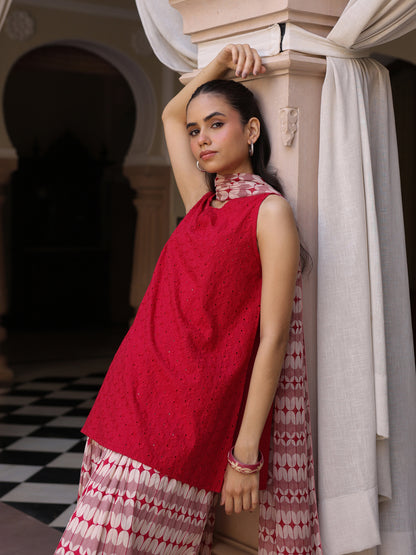 Women’s Sleeveless Schiffli Kurta and Salwar Set