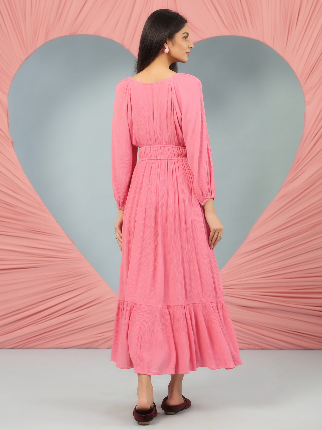 Women's Pink Long Dress With Balloon Sleeves
