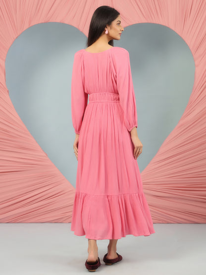 Women's Pink Long Dress With Balloon Sleeves