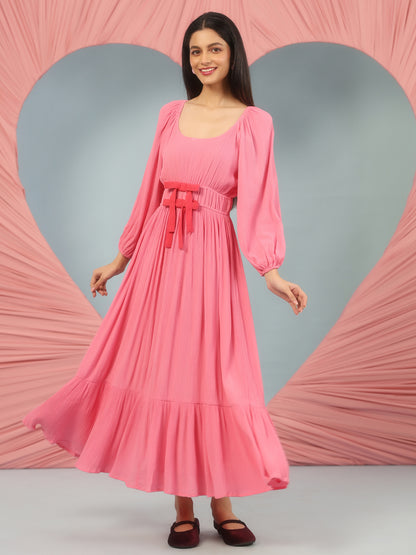 Women's Pink Long Dress With Balloon Sleeves