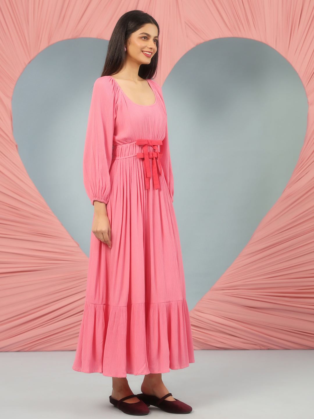 Women's Pink Long Dress With Balloon Sleeves