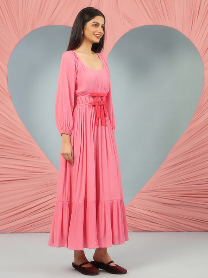 Women's Pink Long Dress With Balloon Sleeves